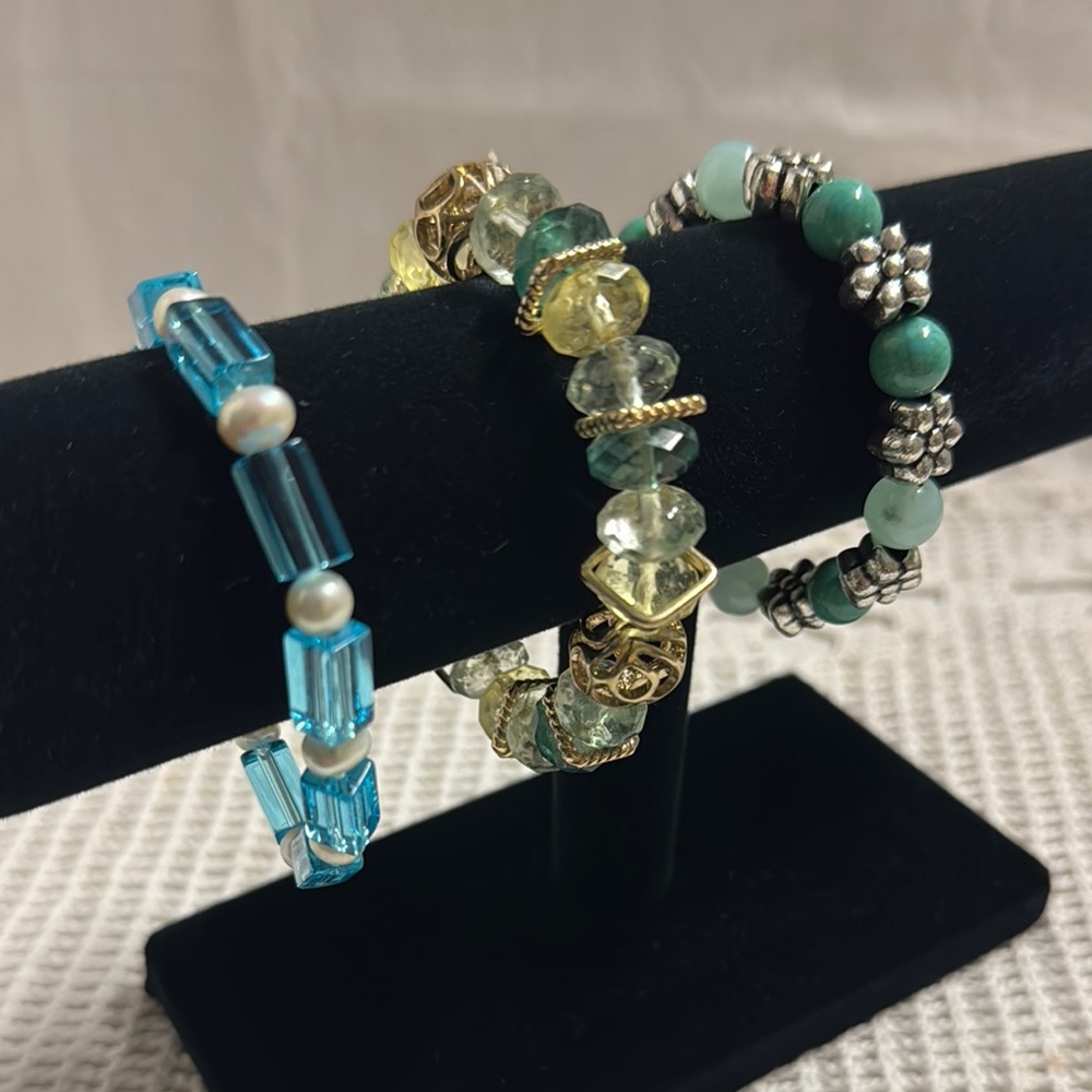 3 Blue Green Spring Summer Bracelets gold & silver flower clear pearl stretch